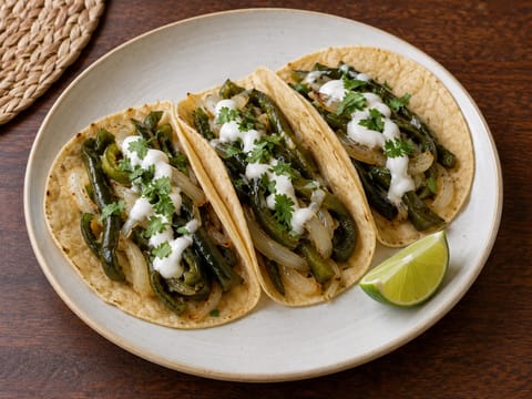 Taco de Rajas con Crema (poblanochili- ja sipulitacot)
