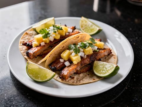 Tacos al Pastor (Tacos de porco marinado)