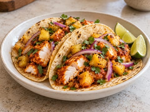 Tacos de Pescado al Pastor (tacos cu pește, adobo și ananas) Tacos de Pescado al Pastor (tacos cu pește, adobo și ananas)