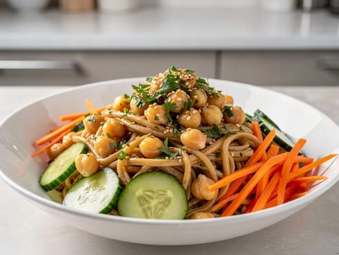 Taça de noodles com tahini, grão-de-bico e molho de limão Taça de noodles com tahini, grão-de-bico e molho de limão