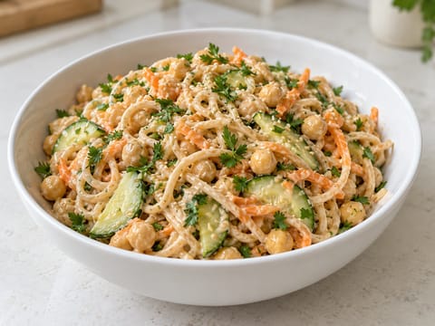 Tahin-nudelskål med kikærter og citron-dressing Tahin-nudelskål med kikærter og citron-dressing