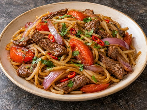 Tallarín Saltado (perui pirított tészta marhahússal) Tallarín Saltado (perui pirított tészta marhahússal)