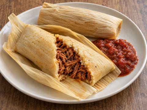 Tamales (tamales di maiale e peperoncino con salsa di pomodoro)