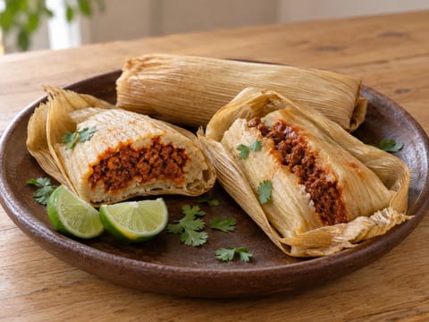 Tamales (kukoricatészta-csomagok sertéshússal és vörös csiliszósszal) Tamales (kukoricatészta-csomagok sertéshússal és vörös csiliszósszal)
