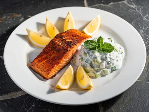 Salmão tandoori com raita de pepino