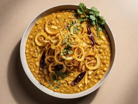 Tarka Dal med sprøde stegte løg Tarka Dal med sprøde stegte løg