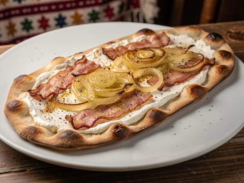 Tarte Flambée Alsacienne (elzászi tejfölös-baconös lepény)