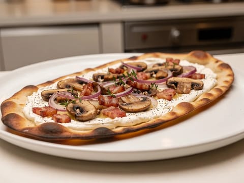 Tarte Flambée (Alsatisk flatbrød med sopp og lardons)