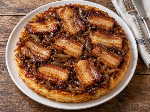 Sós tarte Tatin sertéscsászárral és karamellizált hagymával Sós tarte Tatin sertéscsászárral és karamellizált hagymával