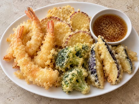 Tempura (krokant gefrituurde zeevruchten en groenten) Tempura (krokant gefrituurde zeevruchten en groenten)