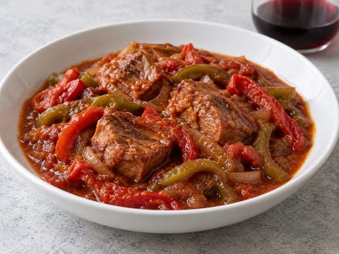 Ternera a la Riojana (kalfsvlees met Rioja-wijn en paprika) Ternera a la Riojana (kalfsvlees met Rioja-wijn en paprika)