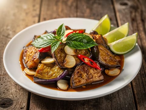 Thai bazsalikomos padlizsános wok