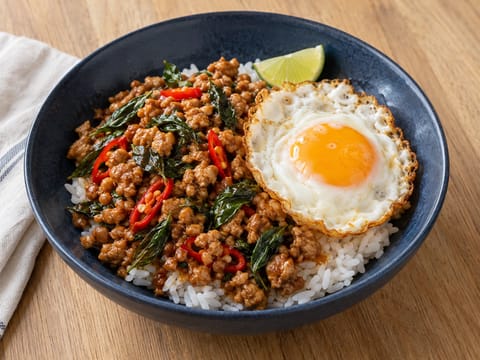 Taça de arroz com frango e manjericão tailandês (estilo Pad Krapow Gai)