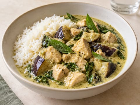 Taça de caril verde tailandês com frango e arroz jasmim Taça de caril verde tailandês com frango e arroz jasmim
