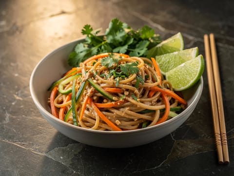 Thailandsk peanøttbolle med risnudler, agurk og gulrot Thailandsk peanøttbolle med risnudler, agurk og gulrot
