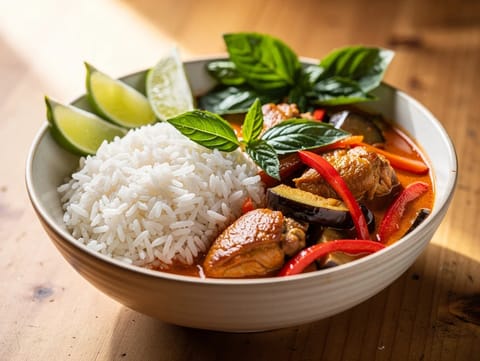 Thai-Rotcurry-Bowl mit Hähnchen und Jasminreis