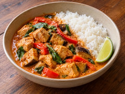 Bol cu curry roșu thailandez cu pui și orez jasmine Bol cu curry roșu thailandez cu pui și orez jasmine