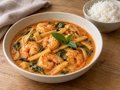 Curry rojo tailandés con gambas y brotes de bambú