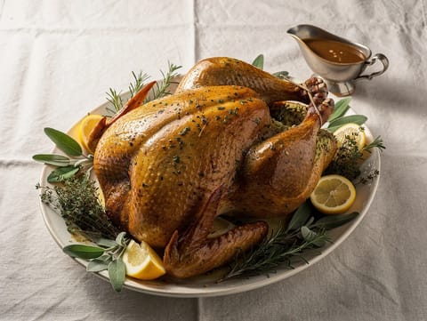 Pavo asado de Acción de Gracias con mantequilla de hierbas y salsa