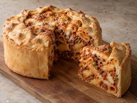 Timballo di Pasta (zapečené rigatoni v křehkém těstě)