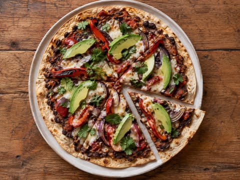 Moderni tlayuda-flatbread (rapeaksi paistettu tortilla pavuilla ja juustolla)