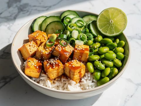 Poke bowl se sladkým chilli tofu