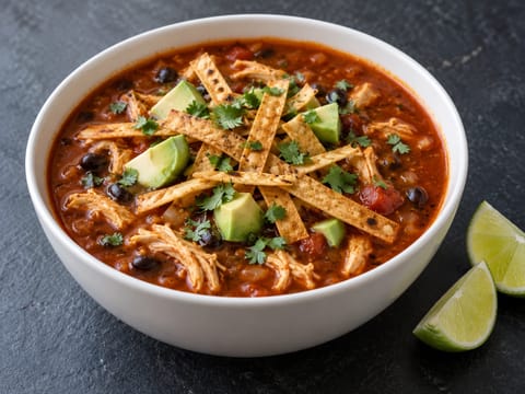Nowoczesna zupa tortilla z chipotle, kurczakiem i awokado Nowoczesna zupa tortilla z chipotle, kurczakiem i awokado