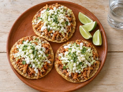 Tostadas de Tinga de Pollo (tostadas croccanti con pollo sfilacciato affumicato)
