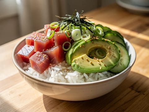 Poke bowl cu ton, avocado și castravete Poke bowl cu ton, avocado și castravete