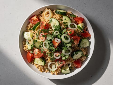 Taça turca de bulgur com tomate, pepino e salsa Taça turca de bulgur com tomate, pepino e salsa