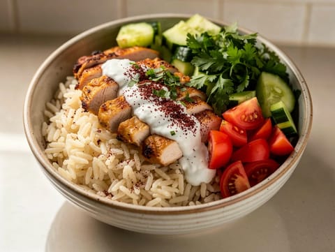 Bowl turca di pollo con riso e salsa allo yogurt e aglio