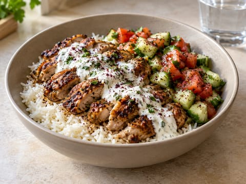 Bowl turca di pollo con riso e salsa allo yogurt e aglio Bowl turca di pollo con riso e salsa allo yogurt e aglio