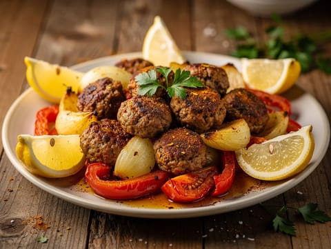 Polpette di agnello speziate in stile turco al forno in teglia con peperoni e pomodori