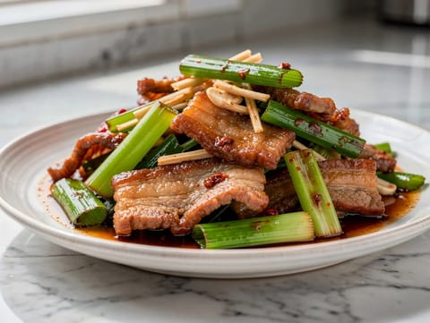 Hui Guo Rou (Pfannengerührter, zweimal gegarter Schweinebauch)