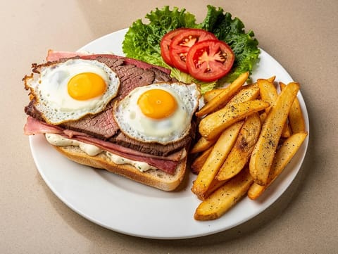 Uruguayischer Chivito-Teller (Steak-Sandwich-Platte)