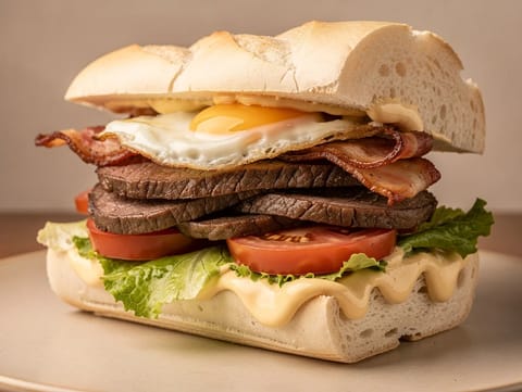Uruguayan Chivito (panino con bistecca, uovo e bacon) Uruguayan Chivito (panino con bistecca, uovo e bacon)