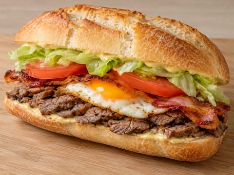 Chivito uruguaio (sanduíche de bife com ovo e bacon) Chivito uruguaio (sanduíche de bife com ovo e bacon)