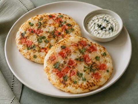 Uttapam met tomaat- en uientopping Uttapam met tomaat- en uientopping