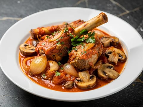 Veau Marengo (vițel înăbușit cu roșii, ciuperci și vin alb)
