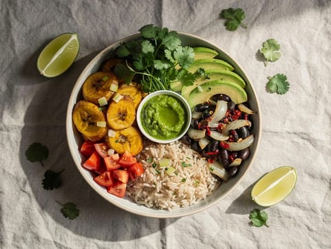 Vegane Bowl mit schwarzen Bohnen und Kochbanane mit Limetten-Salsa