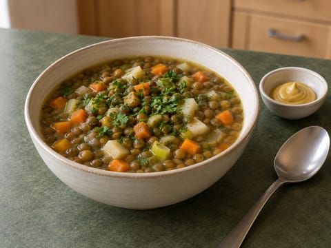 Vegan Linseneintopf (estufado alemão de lentilhas e legumes)