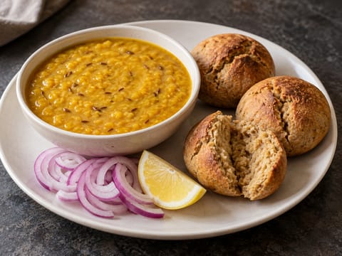 Rajasthani Dal Baati (vegan dal με κόκκινες φακές και ψημένα ντάμπλινγκ ολικής) Rajasthani Dal Baati (vegan dal με κόκκινες φακές και ψημένα ντάμπλινγκ ολικής)