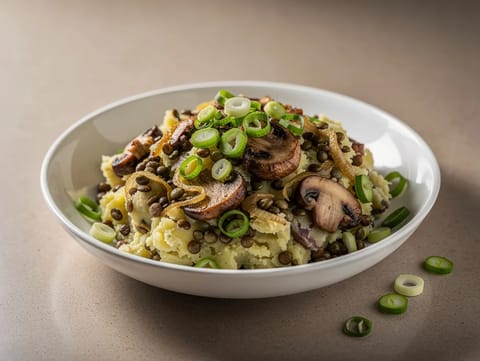 Veganský stamppot s čočkou a houbami (holandská bramborová kaše) Veganský stamppot s čočkou a houbami (holandská bramborová kaše)