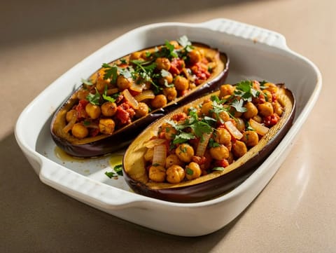 Veganfyllda auberginer med kryddade kikärter