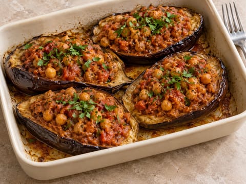 Veganské plněné lilky s kořeněnou cizrnou Veganské plněné lilky s kořeněnou cizrnou