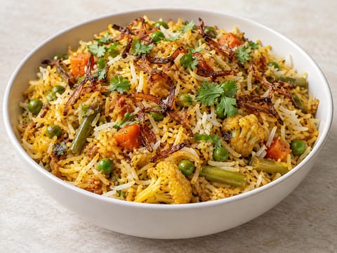 Biryani di verdure con zafferano e cipolle fritte Biryani di verdure con zafferano e cipolle fritte