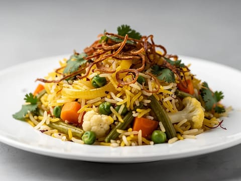Grøntsagsbiryani med safran og stegte løg Grøntsagsbiryani med safran og stegte løg