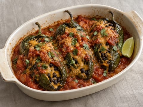 Vegetariske chiles rellenos med svarte bønner og ost