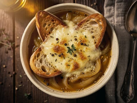 Vegetariánská gratinovaná francouzská cibulačka