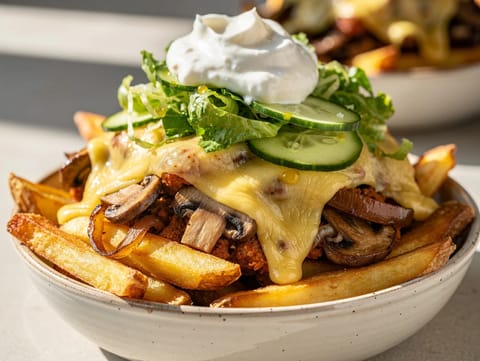 Vegetarian Kapsalon Bowl (lagdelte pommes frites med svampe og Gouda)
